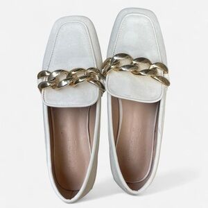 White faux leather loafers with gold chain detail - US Size 5